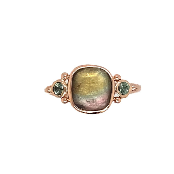 14k Rosegold Pastel Tricolor Ring With Mint Green Sapphires