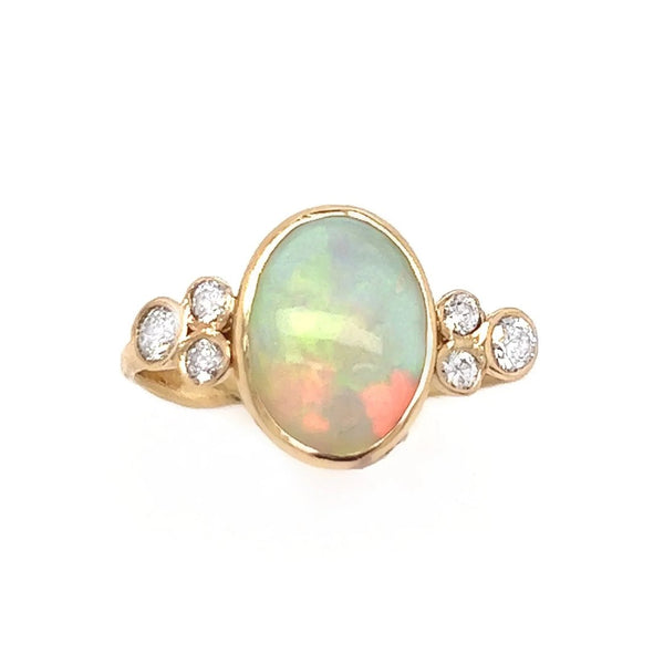 14k White Opal Ring With Large Diamond Clusters