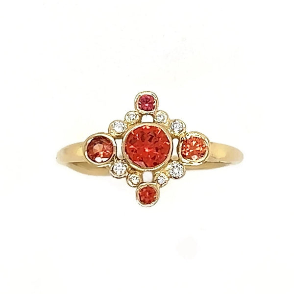 14k Orange Sunset Sapphire Ring With Diamond Cluster