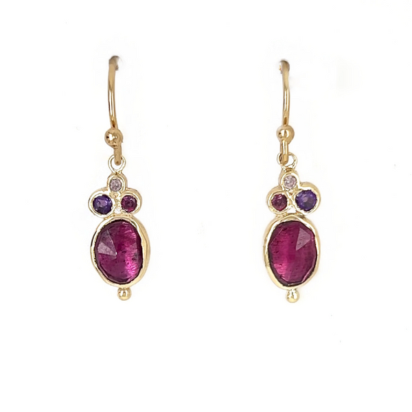 Rhodolite Garnet Earrings with amethyst and sapphire in 14k gold
