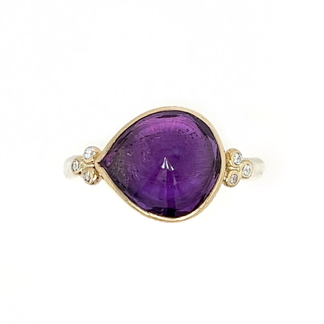 14k And Sterling Silver Royal Amethyst Pear ring With Diamond Clusters ...