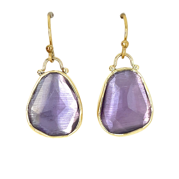 Purple teardrop earrings with gold hooks on a white background