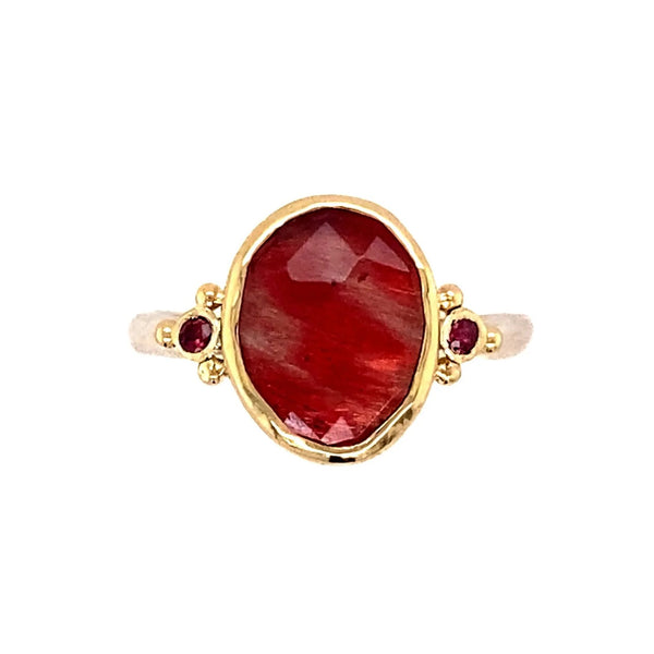14k And Ss Rosecut Red Andesine Ring With Red Sapphires