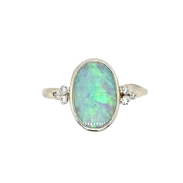 14k White Gold Australian Opal Ring With Diamonds