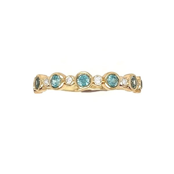 14k Stepping Stone Aqua And Diamond Band In Yellow Gold
