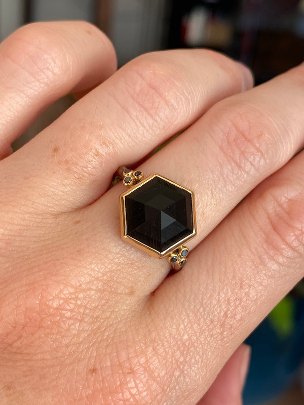 14k Ss Black Spinel Hexagon With Black Diamonds Ring