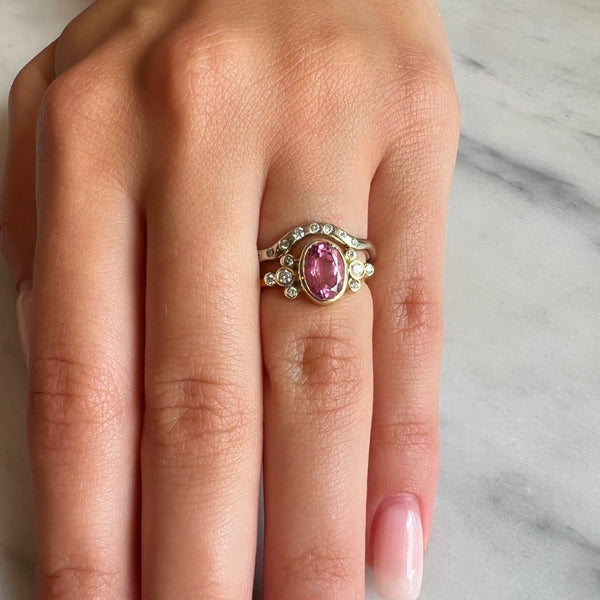 14k Vibrant Pink Tourmaline Ring With Diamond Trefoil Clusters
