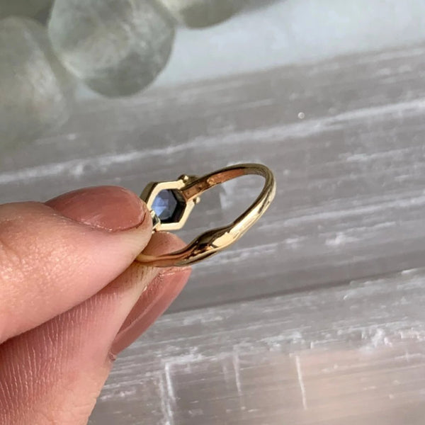 14k Blue Sapphire Hexagon Engagement Ring