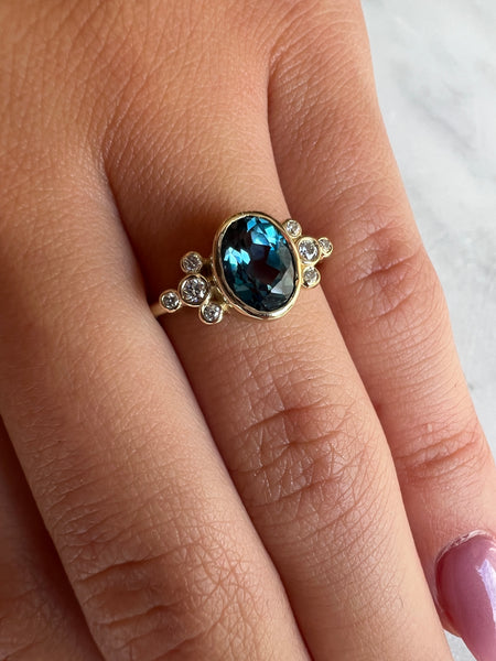 14k London Blue Topaz With Diamond Clusters Ring