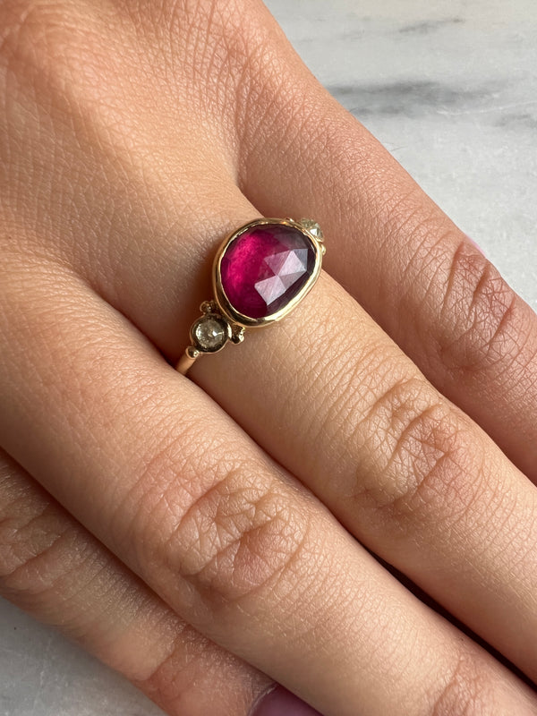 14k Rosecut Ruby Ring With Diamonds