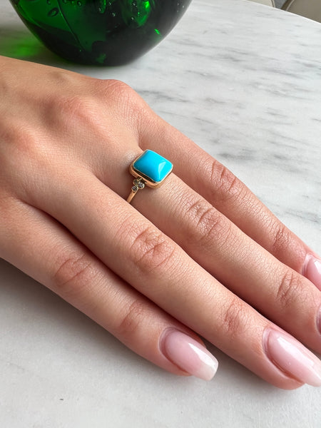 14k Sleeping Beauty Turquoise With Diamond Clusters Ring