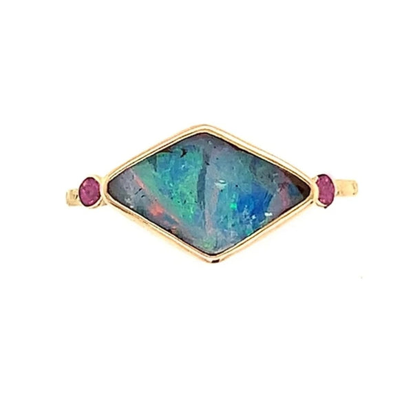 14k Boulder Opal With Rhodolite Garnets Ring