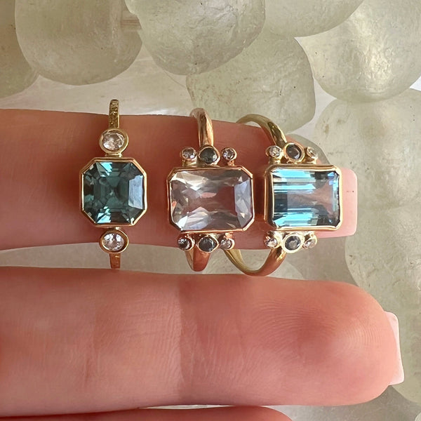 14k Emerald Cut Aqua With Diamonds & Sapphires Ring