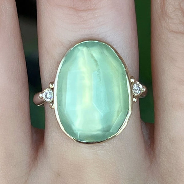 14k And Ss Rosecut Prehnite Ring With Diamonds