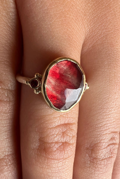 14k And Ss Rosecut Red Andesine Ring With Red Sapphires