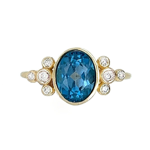 14k London Blue Topaz With Diamond Clusters Ring