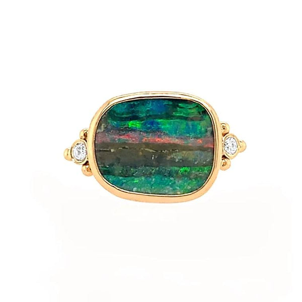 14k Striped Boulder Opal With Diamonds Ring