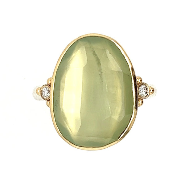 14k And Ss Rosecut Prehnite Ring With Diamonds