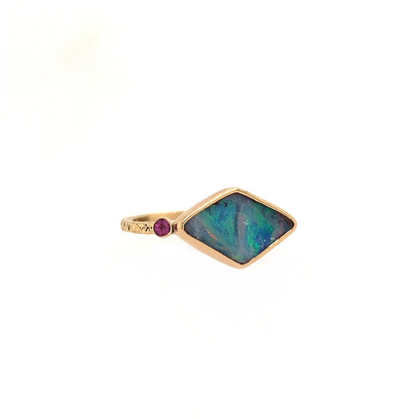 14k Boulder Opal With Rhodolite Garnets Ring