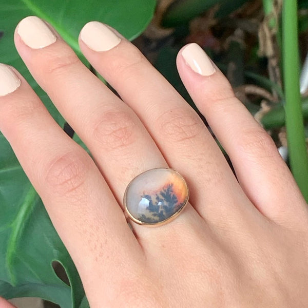 14k And Ss Orange Dendritic Agate Ring