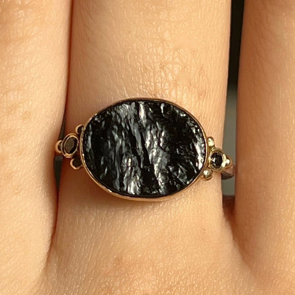 14k Ss Black Tourmaline With Black Diamonds Ring