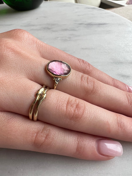 14k Rosecut Pink Tourmaline And Diamonds Ring