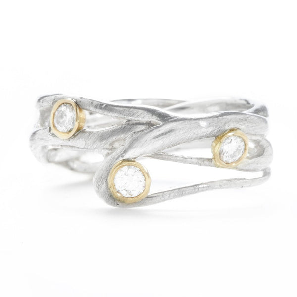 14k Ss Seagrass Band With 3 Diamonds Ring